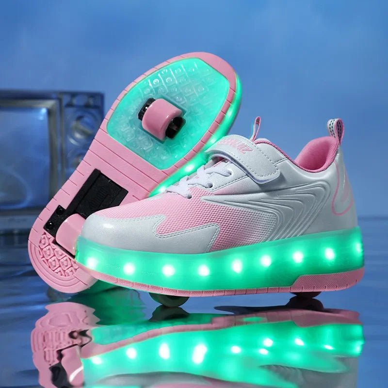 Kids shoes featuring LED lights and rolling wheels, designed with an easy Velcro closure for active play and fun outdoor adventures. 0